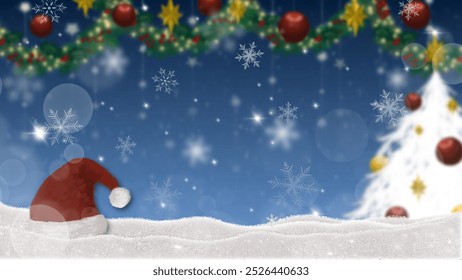 A festive Christmas-themed scene with a snowy landscape, a Santa hat, falling snowflakes, blurred lights, a decorated garland, and hints of a blurred Christmas tree in the background.