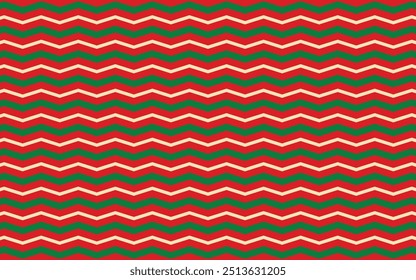 Patrón festivo de papel de envoltura en zigzag con temática navideña en rojo, verde y blanco, perfecto para empaques navideños y decoración de temporada.