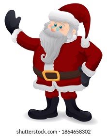 Festive and chubby Santa Claus saluting at you with traditional attire, awaiting for Christmas.