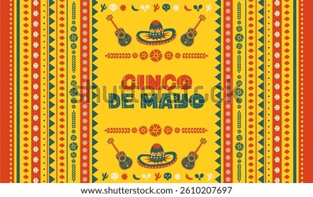 Festive Cinco de Mayo 2025 vector illustration banner with Mexican folk art decorations. Festive Mexican pattern background. 