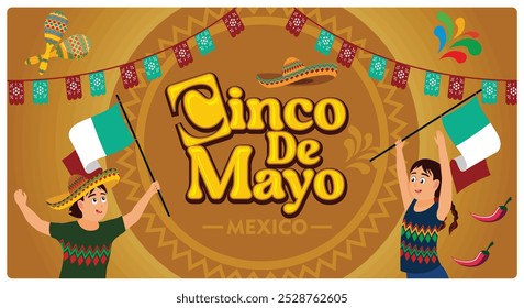 A festive Cinco de Mayo celebration. Children holding Mexican flags. Cinco de Mayo concept. Flat vector illustration.