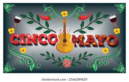 Festive Cinco de Mayo celebration with lively decorations, a guitar centerpiece, vibrant flowers, chili peppers, wine glasses, and colorful greenery accents. Flat vector modern illustration 