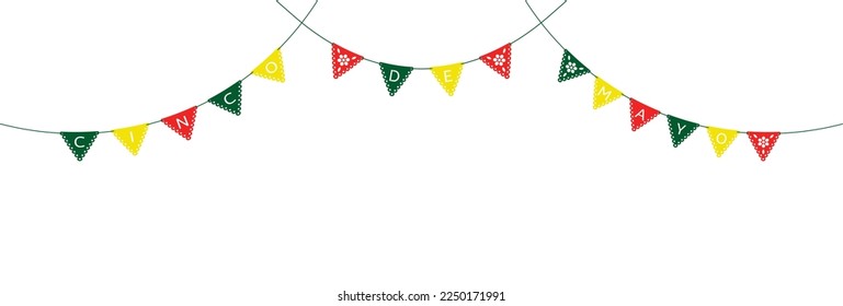 Festive Cinco de Mayo paper garlands. Papel picado decorations isolated on white background. Vector illustration.