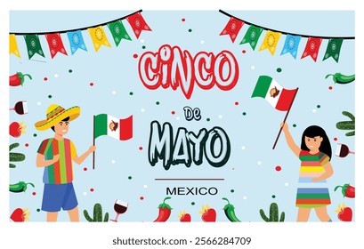 Festive Cinco de Mayo themed showcasing Mexican culture with people, flags, and colorful decorations.  Flat vector modern illustration 