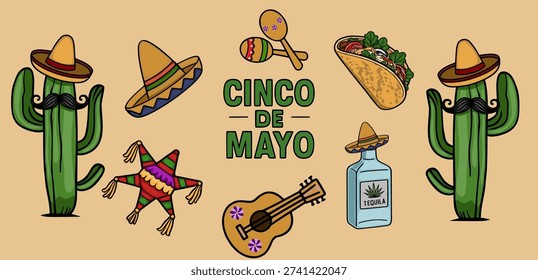 Праздничный векторный баннер Cinco de Mayo с кактусом, сомбреро, пинатой, гитарой и текилой