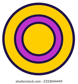 Festive circle element, attribute of intersex pride. Round sticker decal in colors of LGBT pride flag. Cartoon vector icon in colors of LGBT community flag isolated on white background