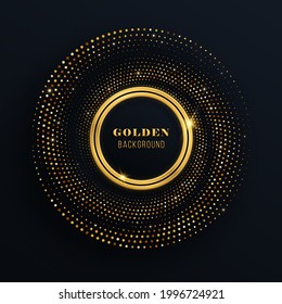 Festive circle for graphic design on black background. Abstract textured background with shining golden halftone pattern.
