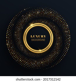 Círculo festivo para diseño gráfico sobre fondo negro. Resumen texturizado con un brillante patrón de medio tono dorado.