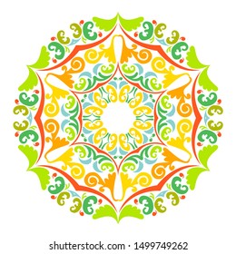 Festive circle kaleidoscope pattern. Symmetric round mandala ornament. Design elements with abstract shapes. Vector illustration.