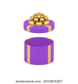 Festive circle violet gift box with open cap and golden bow ribbon 3d icon realistic vector illustration. Elegant premium round wrapped empty package for holiday present surprise congratulations