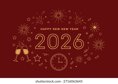 A festive circular design in gold on a deep red background, featuring the year 2026, fireworks, and celebratory elements.