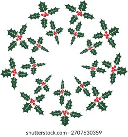 Festive circular pattern of green holly leaves with vibrant red berries, a classic christmas design, isolated on white background