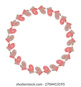A festive circular wreath made of alternating pink and beige winter mittens decorated with snowflakes. Cozy seasonal design perfect for Christmas, New Year, holiday cards, invitations, and winter