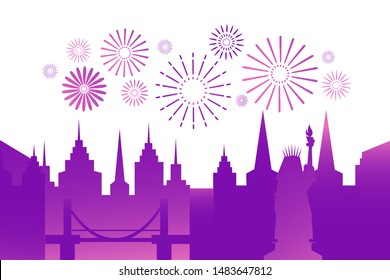 Festive city background with colorful fireworks in the sky. Modern gradient background, night town on white. Flat sparkle.