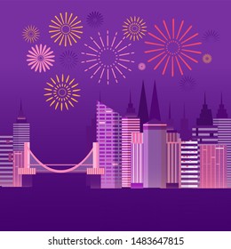 Festive city background with colorful fireworks in the sky. Modern gradient background, night town on white. Flat sparkle.