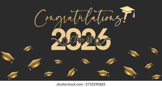 Festive Class of 2026 banner featuring gold typography, cap, and confetti elements for celebratory themes