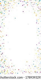 Festive classic confetti. Celebration stars. Colorful confetti on white background. Favorable festive overlay template. Vertical vector background.