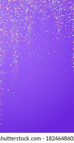 Festive classic confetti. Celebration stars. Colorful stars small on violet background. Glamorous festive overlay template. Vertical vector background.