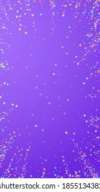 Festive classic confetti. Celebration stars. Colorful stars on violet background. Fascinating festive overlay template. Vertical vector background.