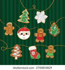 Festive classic green stripes background with a charming gingerbread man cookies garland, perfect for Christmas, holiday décor, seasonal designs, baking illustrations, and cozy winter projects.