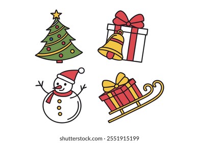 festive clip art collection This cheerful set of Christmas icons includes a decorated tree, a snowman, presents, bells, and a sleigh, perfect for adding a touch of holiday cheer to your designs.