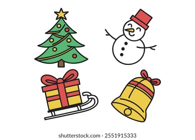 festive clip art collection This cheerful set of Christmas icons includes a decorated tree, a snowman, presents, bells, and a sleigh, perfect for adding a touch of holiday cheer to your designs.