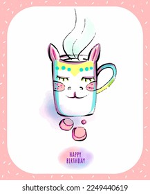 Festive clip art mug. White background from the happy birthday set. Cat, pink unicorn, cake, rainbow, gifts. Suitable for T-shirt and fashion accessory.