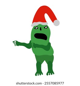 A festive clipart featuring an angry green monster wearing a Santa hat. This unique character is ideal for creating fun and quirky Christmas designs.