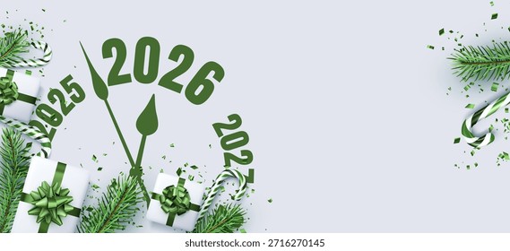 Cuenta regresiva del reloj festivo para 2026 con regalos, confeti y bastones de caramelo. Ilustración vectorial para temas del Año Nuevo.