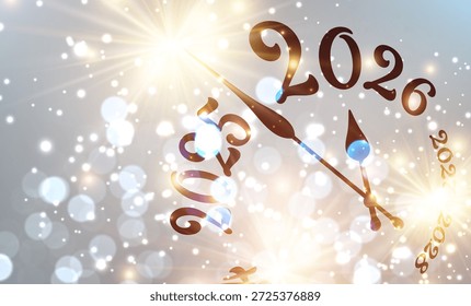El reloj festivo con luces brillantes marca la cuenta atrás para 2026 en un brillante escenario del Nuevo Año. Ilustración vectorial.