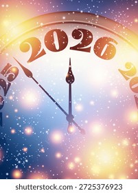 Um relógio festivo aponta para a meia-noite no início de 2026, cercado por luzes brilhantes e queda de neve. Ilustração vetorial.