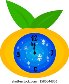 festive clock in the shape of a tangerine concept for the New Year and Christmas object on a white background