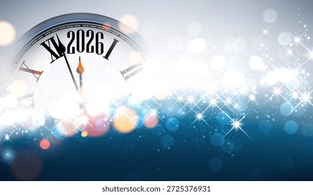 Festive clock striking midnight with blue, white, and gold sparkles celebrating 2026. Vector illustration.
