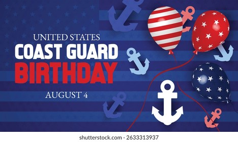 Festive Coast Guard Birthday design featuring balloons, hearts, and stars in red, white, and blue with anchor symbols. Ideal for patriotic celebrations on August 4.