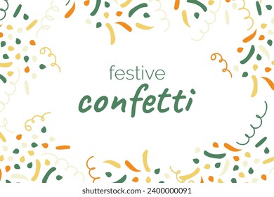Festive cofetti in frame with space for text. Border made of firecrackers. Curls, ribbons. Decoration for Birthday, New Year, Christmas. Flat style. Color image - green, yellow. Vector illustration
