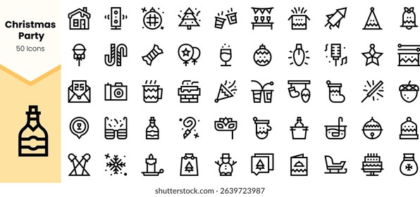 A festive collection of black Christmas party icons, including ornaments, gifts, snowflakes, and more, creating a joyful and cheerful atmosphere.