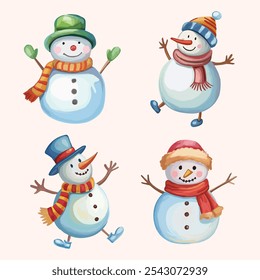 Festive collection of cheerful snowman characters perfect for Christmas decor and greeting cards, featuring fun winter accessories and holiday elements.