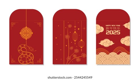 Festive collection of Chinese red envelopes for New Year with snake, symbols, and traditional motifs