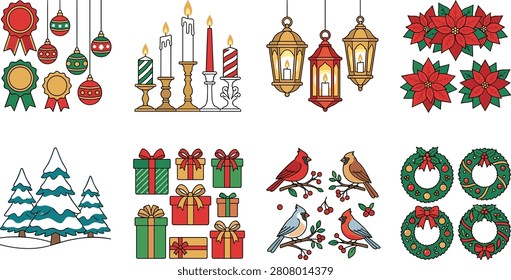 A festive collection of Christmas illustrations featuring ornaments, candles, lanterns, poinsettias, wreaths, gift boxes, winter trees, birds, ribbons, and holiday decorations. Perfect for greeting cards, gift tags, seasonal branding, packaging, stickers, invitations, and Christmas-themed graphic design.