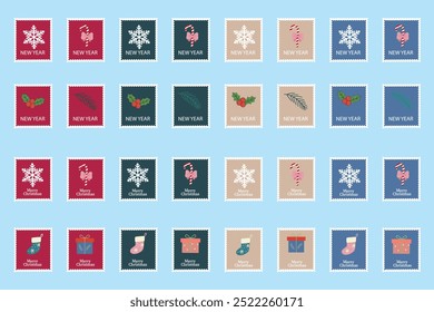 Festive collection of Christmas and New Year postage stamps for envelopes with snowflakes, candy canes, holly and gifts for holiday greetings