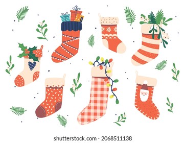 Festive Collection of Christmas Socks Isolated on White Background. Winter Stockings, Xmas Holiday Elements, Presents and Sweets in Scandinavian Style, Traditional Decor. Cartoon Vector Illustration