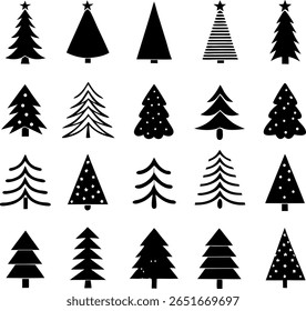 A festive collection of christmas tree silhouettes. These black and white vector designs are perfect for holiday cards, decorations, and winter themed projects.