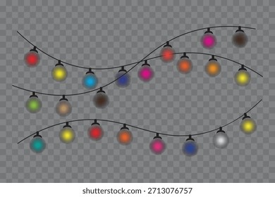 Una colección festiva de luces de cadena coloridas y brillantes sobre un fondo transparente, perfecto para decoraciones navideñas.