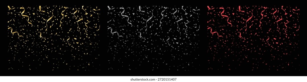 Festive collection of falling confetti and serpentine ribbons rendered in distinct gold silver and red colors against a solid black backdrop creating versatile overlays perfect for celebrations announcements awards ceremonies and vibrant holiday greetings desiring a dynamic celebratory visual element.