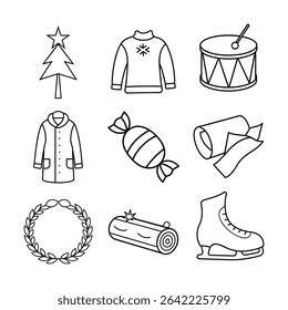 A festive collection featuring ice skates toy drum tree topper ugly sweater winter coat wrapped candy wrapping paper wreath and yuletide log Vector line art on white background.