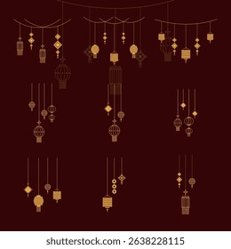 A festive collection of flat Chinese lantern illustrations, featuring traditional Asian ornaments, golden hanging lanterns, and cultural decorations. Perfect for Lunar New Year, Lantern Festival, and 