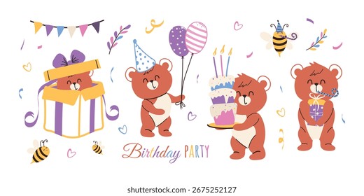 A festive collection with funny bears, bees, gifts, and balloons, hand-drawn in a modern style. A vector set of elements for a holiday, party, or invitation.