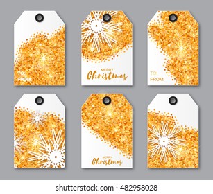 Festive collection of gold glitter texture Christmas labels. Ready-to-use gift tags. Xmas and New Year Set of 6 printable origami holiday label. Vector seasonal badge design illustration