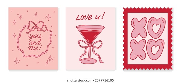 Festive collection of greeting cards designed for romantic occasions featuring playful illustrations and heartfelt messages