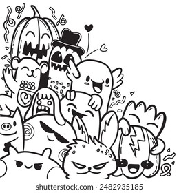A festive collection of Halloween-themed doodle characters in black and white, featuring playful ghosts, pumpkins, and various cute creatures.
